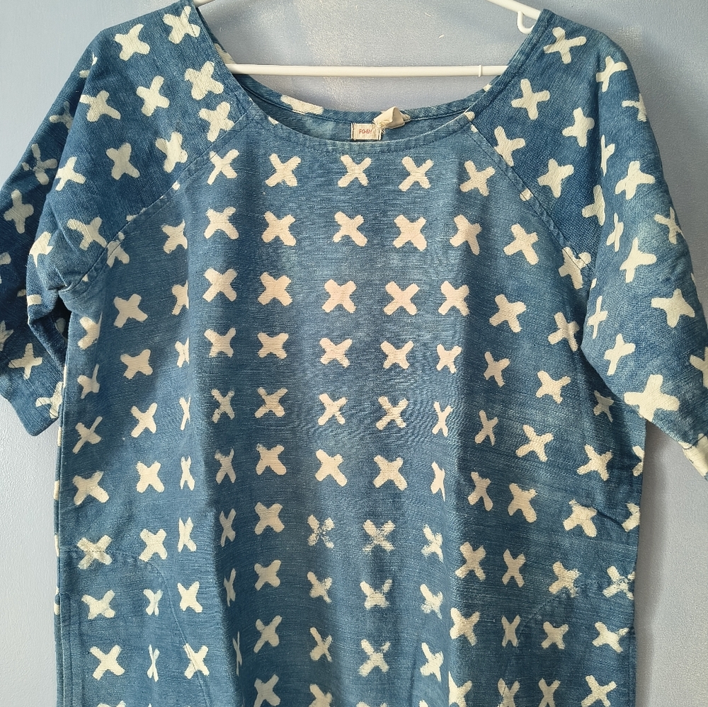 PO-EM Indigo Blue Cross Print Cotton Pullover Dress L - Picture 3 of 6